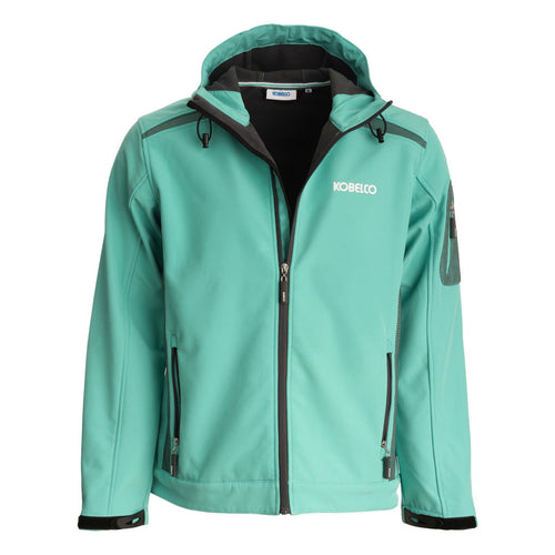 Wind and rain-proof Green Softshell jacket in Kobelco blue/green colour. 